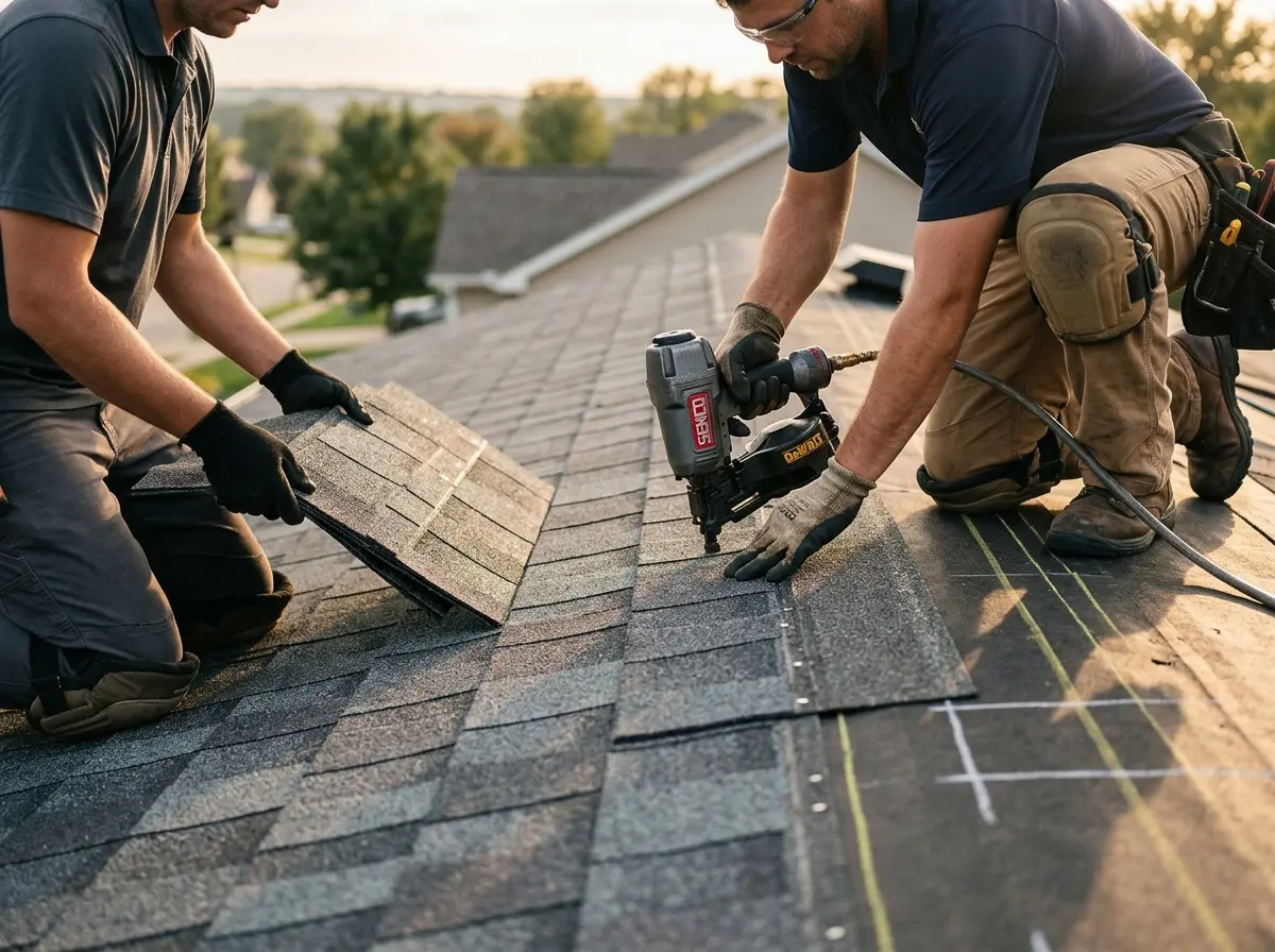 Professional roofer working on a residential roof in Slaton